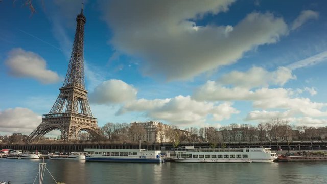 sunny day seine river paris famous eiffel tower panorama 4k time lapse france

