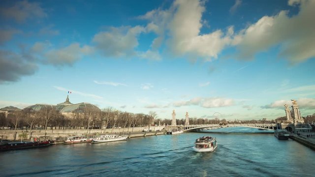 sunny day paris famous seine river water traffic panorama 4k time lapse france
