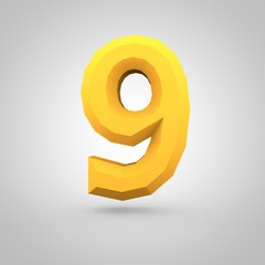 Yellow low poly alphabet number 9 isolated on white background.