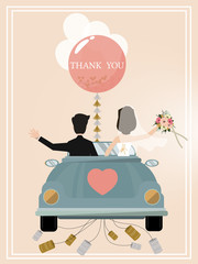 Newlywed couple is driving a vintage convertible car for their honeymoon with just married sign and cans attached. Flat style vector illustration isolated on white background.