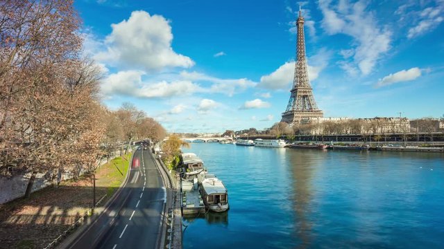 paris sunny day seine river eiffel tower bridge panorama 4k time lapse france
