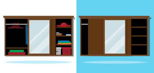Wardrobe with mirror. Set of Modern wardrobes with clothes and empty.