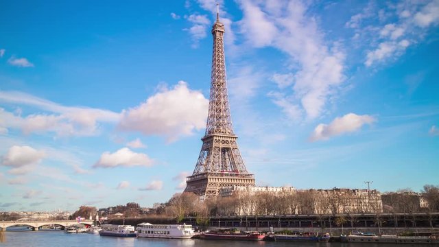 sunny day paris city most famous eiffel tower seine river panorama 4k time lapse france 
