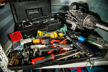 Tools placed on the shelves.