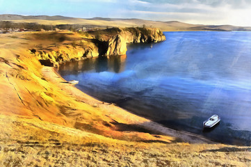 Colorful painting of Baikal lake beach