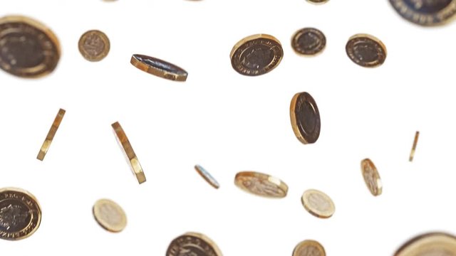 Seamless Loop of Falling Pound Coins Against a White Background.