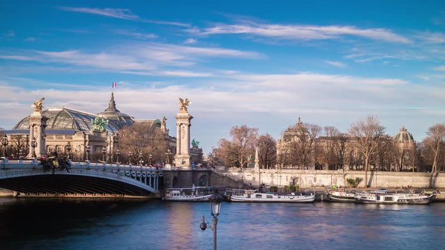 sun light paris seine river alexander III bridge to great palace panorama 4k time lapse france
