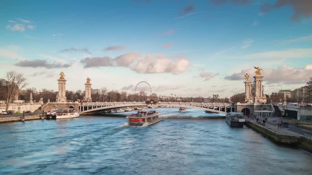 sunset light paris seine river alexander III bridge to great palace panorama 4k time lapse france
