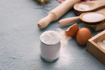 Close-up of baking soda in a glass jar Bicarbonate of soda