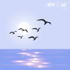 Fototapeta na wymiar ocean on day with birds silhouette illustration vector design