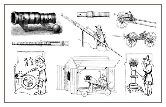 Medieval pieces of artillery, vintage engraving