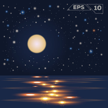 oceain in night moon with stars illustration vector design