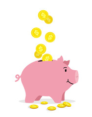 Pig piggy bank with coins vector illustration in flat style. The concept of saving or save money or open a bank deposit. The idea of an icon of investments in the form of a toy pig piggy bank