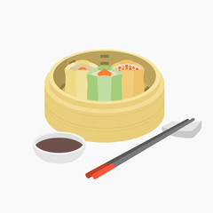 Dim sum, Chinese pork and prawn steamed dumping in basket with chopstick and black vinegar sauce, flat design