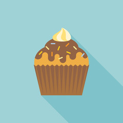 Cup cake icon with cream and coating sugar, flat design with long shadow