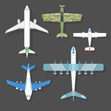 Vector airplane illustration top view and aircraft transportation travel way design journey object.