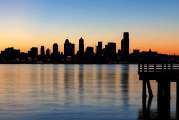 Seattle Skyline Silhouette at Sunrise from the Pier