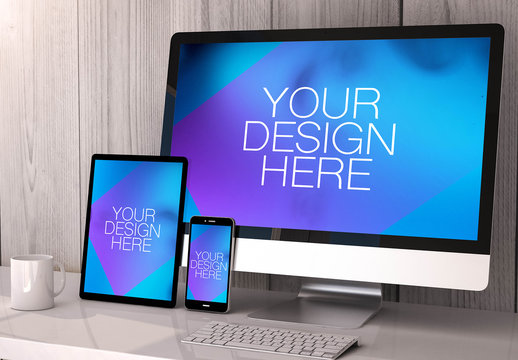 4 Devices on White Table Mockup 1