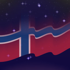 Waving flag of Norway. Background of the night starry sky. Shining in the colors of the national flag. vector illustration