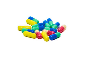 Medicine Pills. Tablets. Capsule.Pharmaceutical medicament, Close-up of pile of blue and green tablets - capsule. Pills and tablets on white background