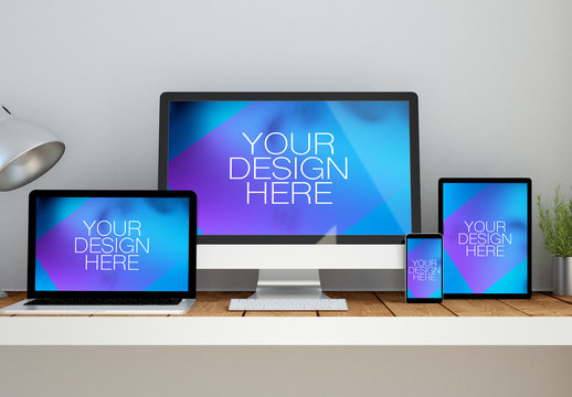 4 Devices on a Wooden Table Mockup 1