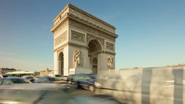 paris sunny evening arch de triumph traffic circle panorama 4k time lapse france
