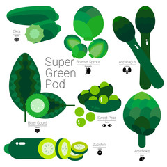 SUPER GREEN POD
Green pod vegetables illustrated in simple shapes with nutritions information. 