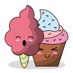 kawaii cupcake and cotton candy image vector illustration eps 10