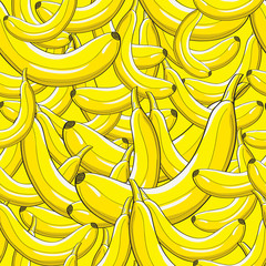 Modern stylish bright yellow banana pattern. Repeating irregular background with hand drawn fresh bananas lying on each other. Perfect texture for textile and wallpapers. Vector seamless pattern. - 145004762