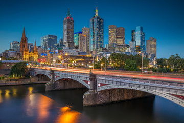 Naklejka premium City of Melbourne. Cityscape image of Melbourne, Australia during twilight blue hour.