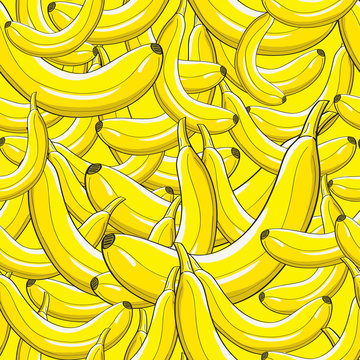 Modern stylish bright yellow banana pattern. Repeating irregular background with hand drawn fresh bananas lying on each other. Perfect texture for textile and wallpapers. Vector seamless pattern.