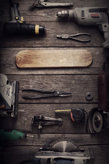 Electric hand tools (screwdriver Drill Saw jigsaw jointer) top view, photo processing: instagram.