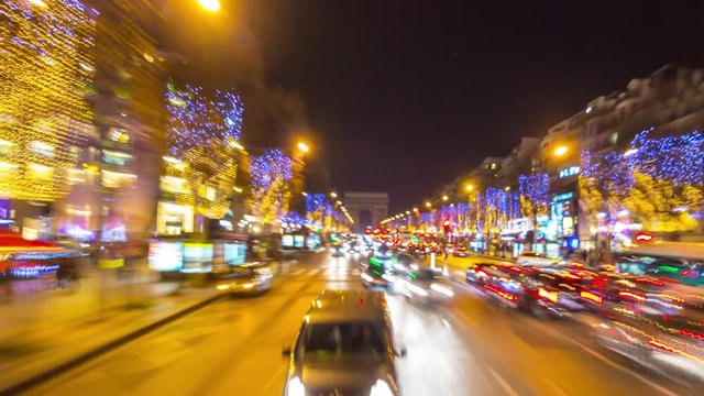 paris night illuminated road trip tourist bus arch de triumph street view 4k time lapse france
