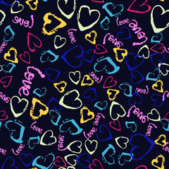 Vector colorful seamless pattern with brush strokes and dots. Pink blue yellow green color on black background. Hand painted grange texture. Ink hearts elements. Fashion modern style. Fantasy