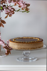 cheesecake on a cake stand with chocolate and caramel with spring branches on the side