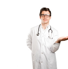 Fototapeta premium Happy doctor with hold gesture against white background