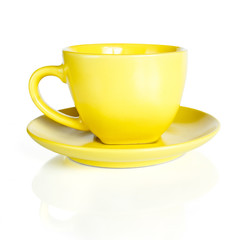 Yellow empty cup isolated on white background