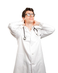 Happy doctor with a relax gesture against white background