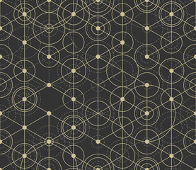 Modern stylish geometric background with irregular structure of repeating hexagonal grid and circles in trendy outlined style on the black background. Vector seamless pattern. - 145007190