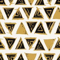 Modern stylish hand drawn geometric texture with irregular structure of repeating gold colored triangles on white background. Vector seamless pattern. - 145007333