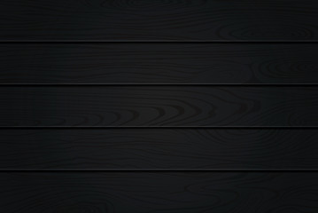 Black wood texture. Natural dark wooden background. Ebony, coal black wood. Top view. Vector planks texture.