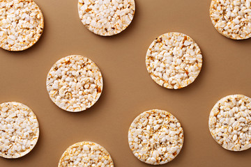 Flat lay rice cake pattern on a natural background. Top view
