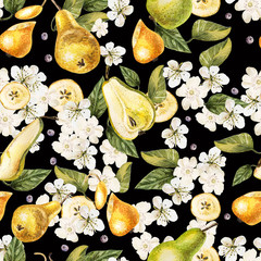 Bright watercolor seamless pattern with flowers, fruits of a pear. Illustration