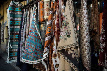 Beautiful oriental shawls at the market in Sarajevo
