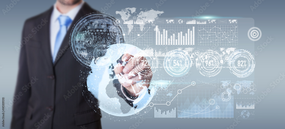 Poster businessman moving digital datas with a tactile pen 3d rendering