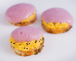 Spicy crostini filling eggs and vegetable foam