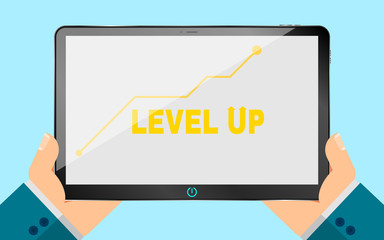 A business man is holding an electronic tablet. new technologies. Illustration in a flat style. Eps 10. Analytical scale of increase. Business level