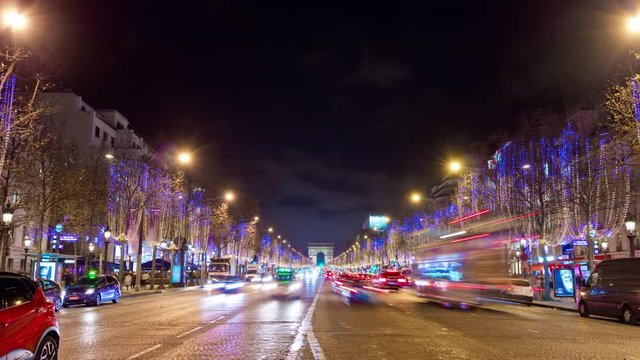 paris famous night illuminated traffic champs elysees arch panorama 4k time lapse france
