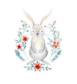 Cute baby rabbit animalisolated  illustration for children clothing, pattern. WatercolorHand drawn boho bunny image Perfect for phone cases design, nursery posters, postcards