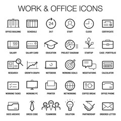 Icons set of working and office area. Thin and thick lines. Black on white.